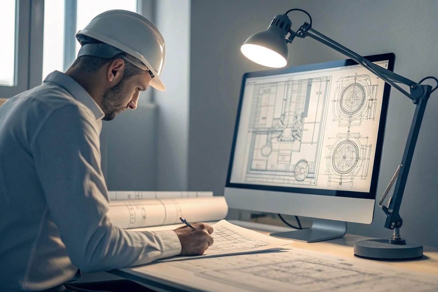 Engineer drafting machinery design on computer with technical drawings