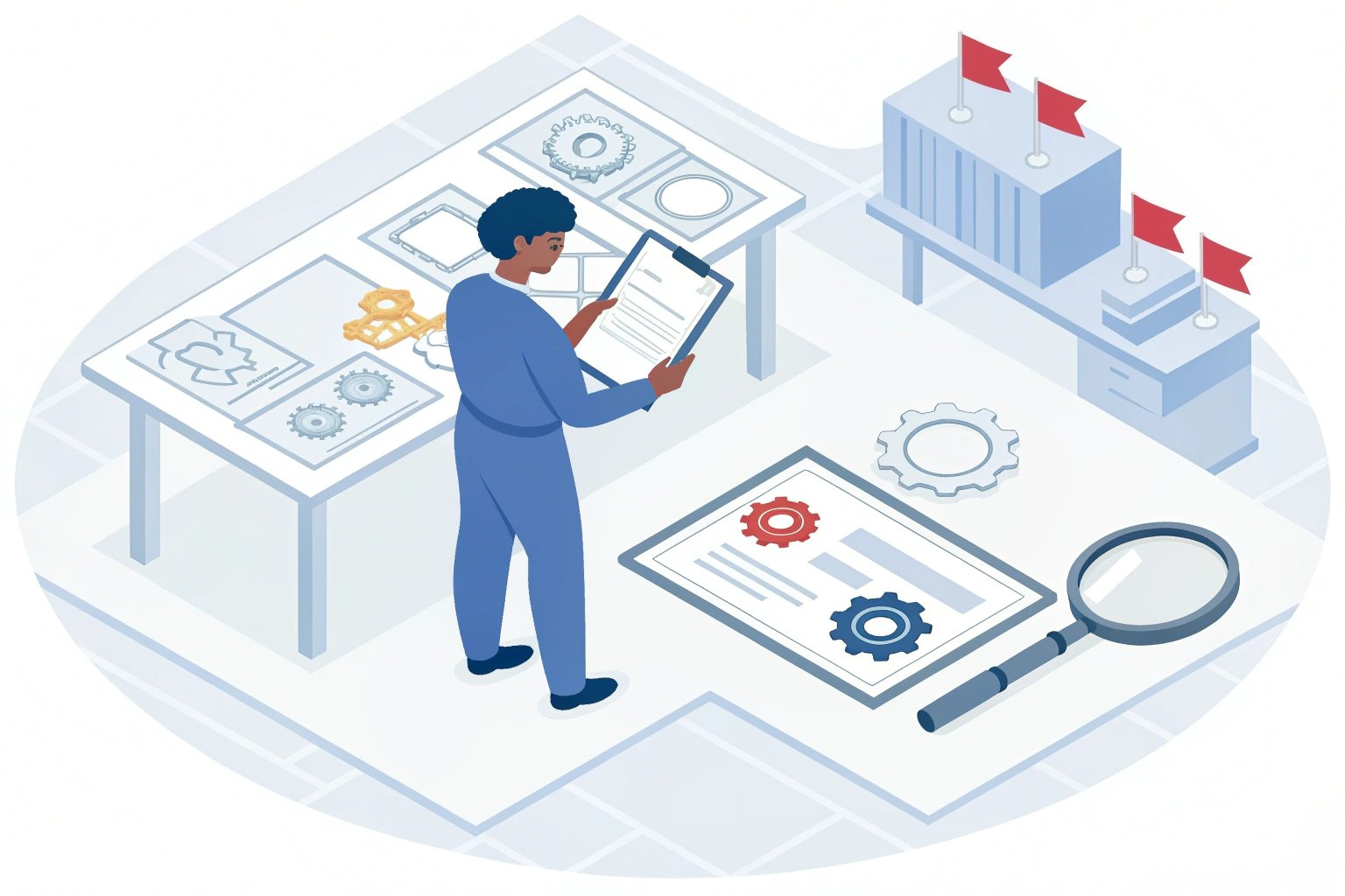 Illustration of engineer reviewing technical documents in workspace