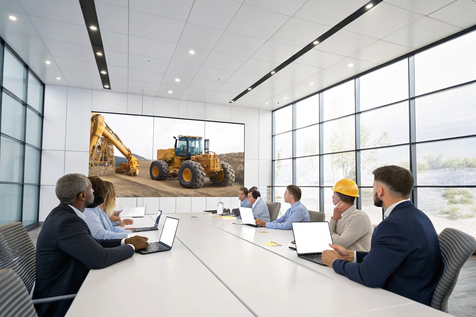 Business meeting with presentation on construction machinery