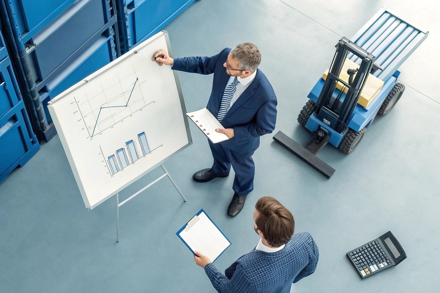 Warehouse managers analyzing growth charts