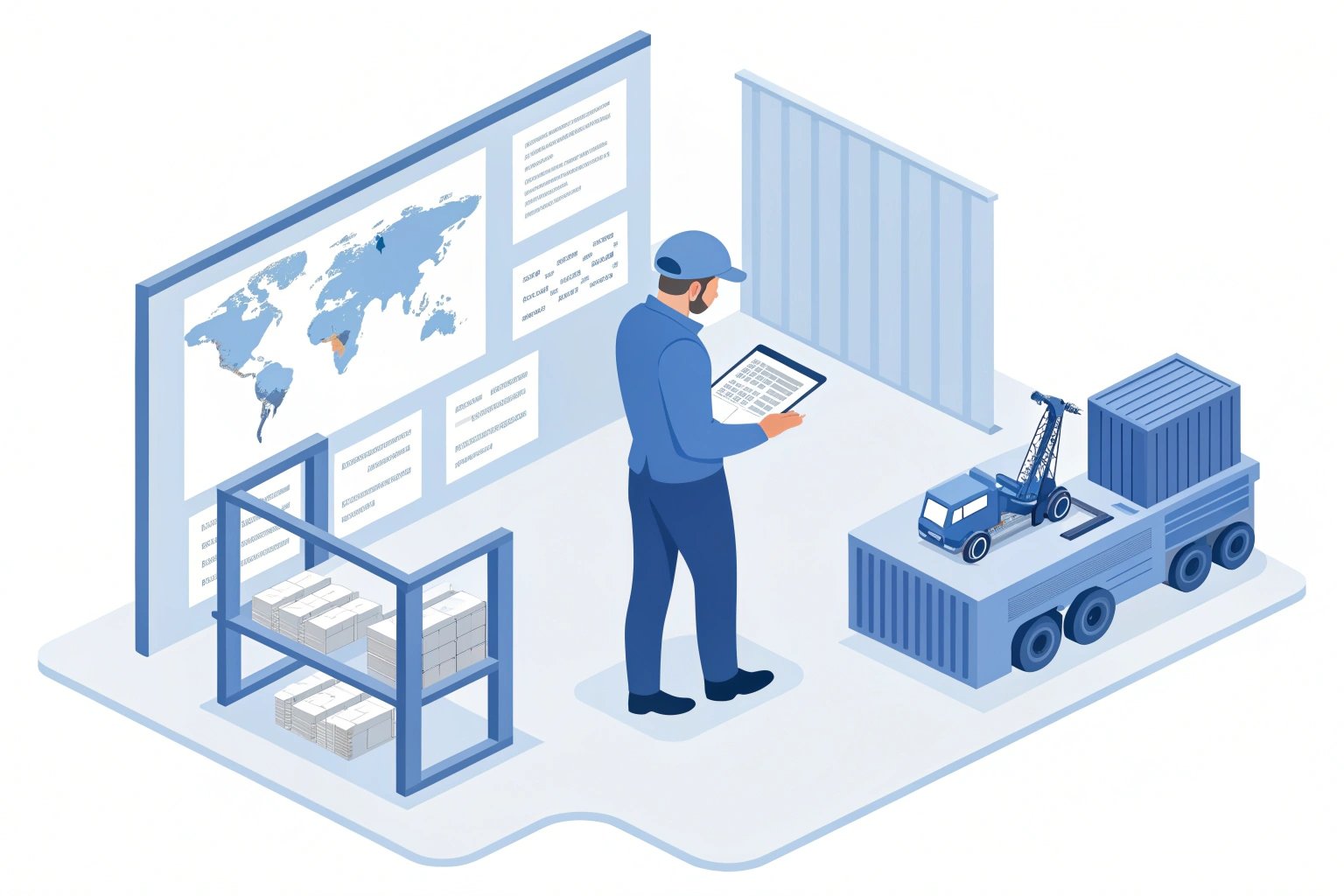 Illustration of global supply chain manager reviewing data