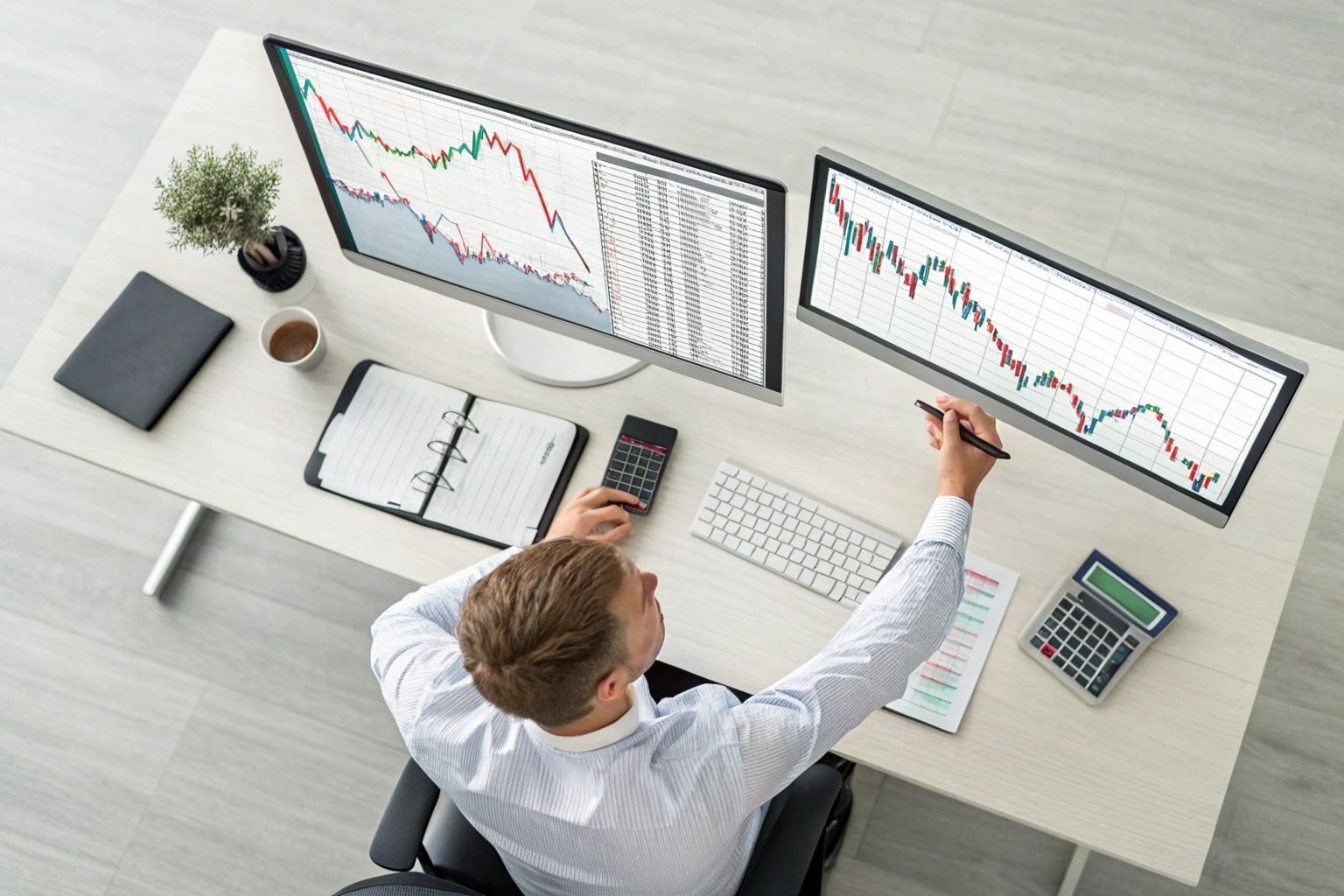 Worker analyzing stock data on dual monitors