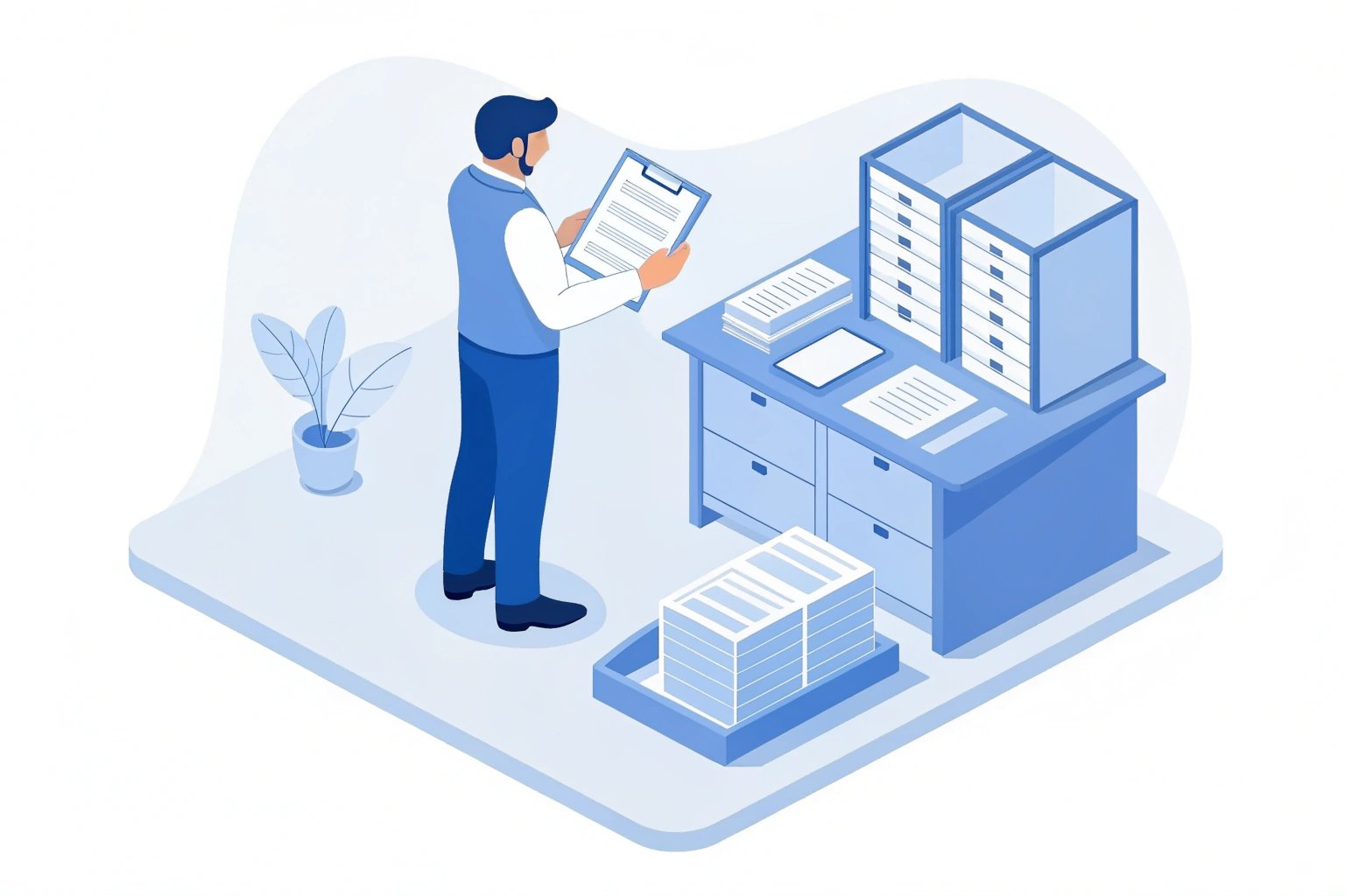 Illustration of office worker with organized documents