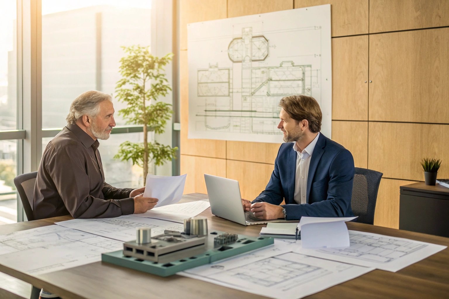 Engineers discussing blueprints and model