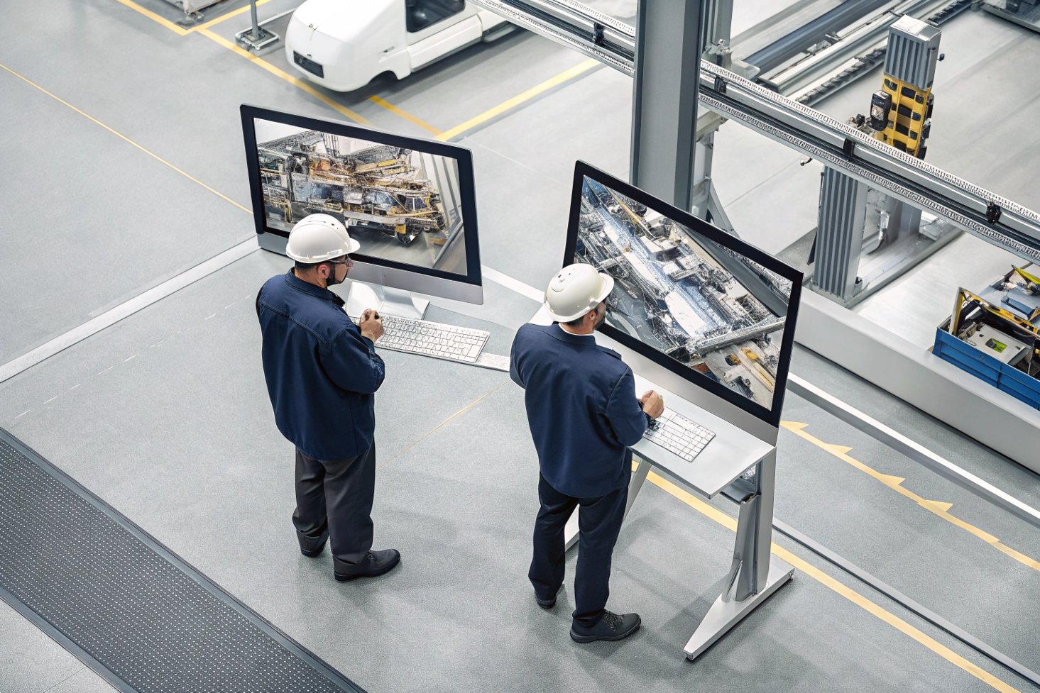 Engineers at workstation with digital screens