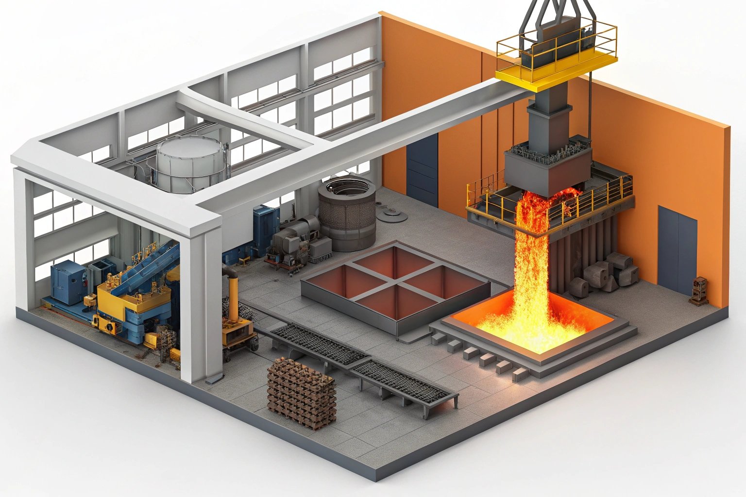 3D model of foundry with molten metal processing unit
