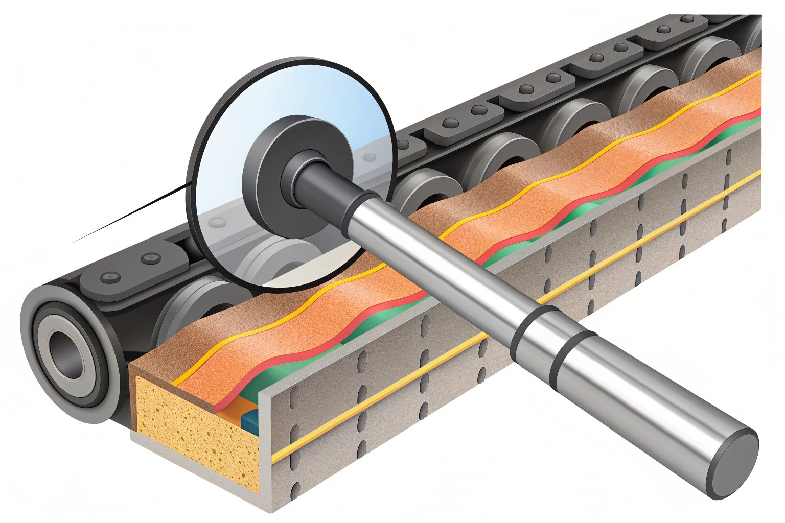 Precision measurement tool inspecting a large metal gear on a workshop bench