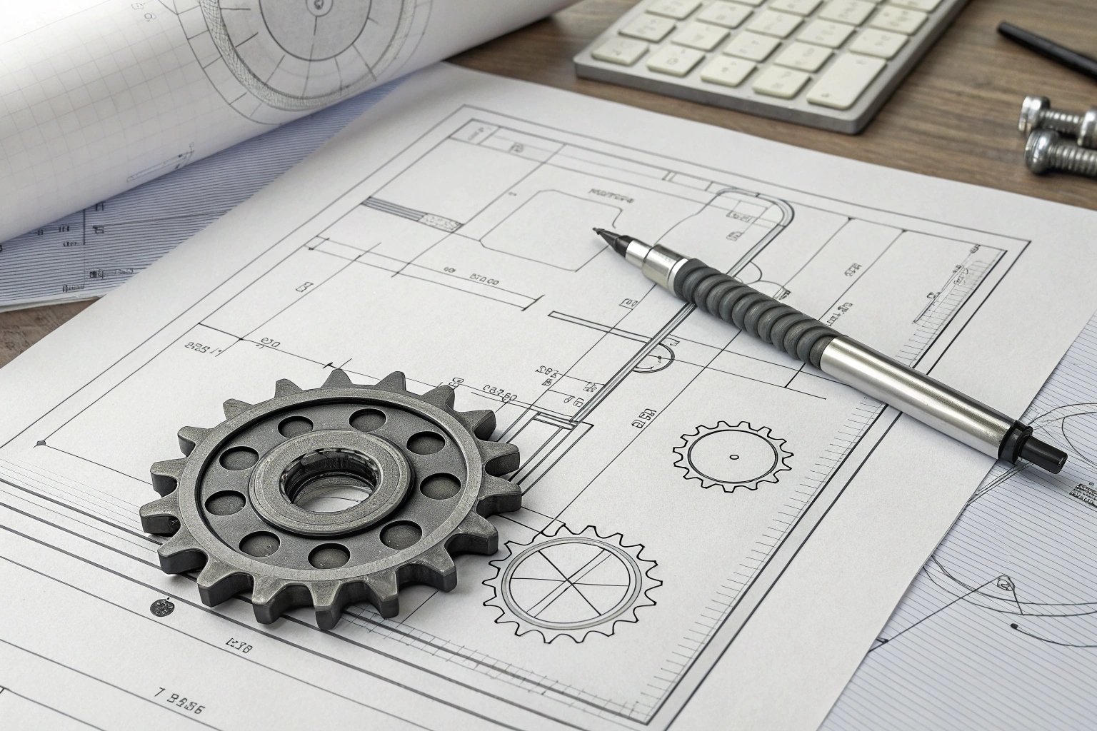 Close-up of a technical engineering drawing with a metal gear and a mechanical pencil