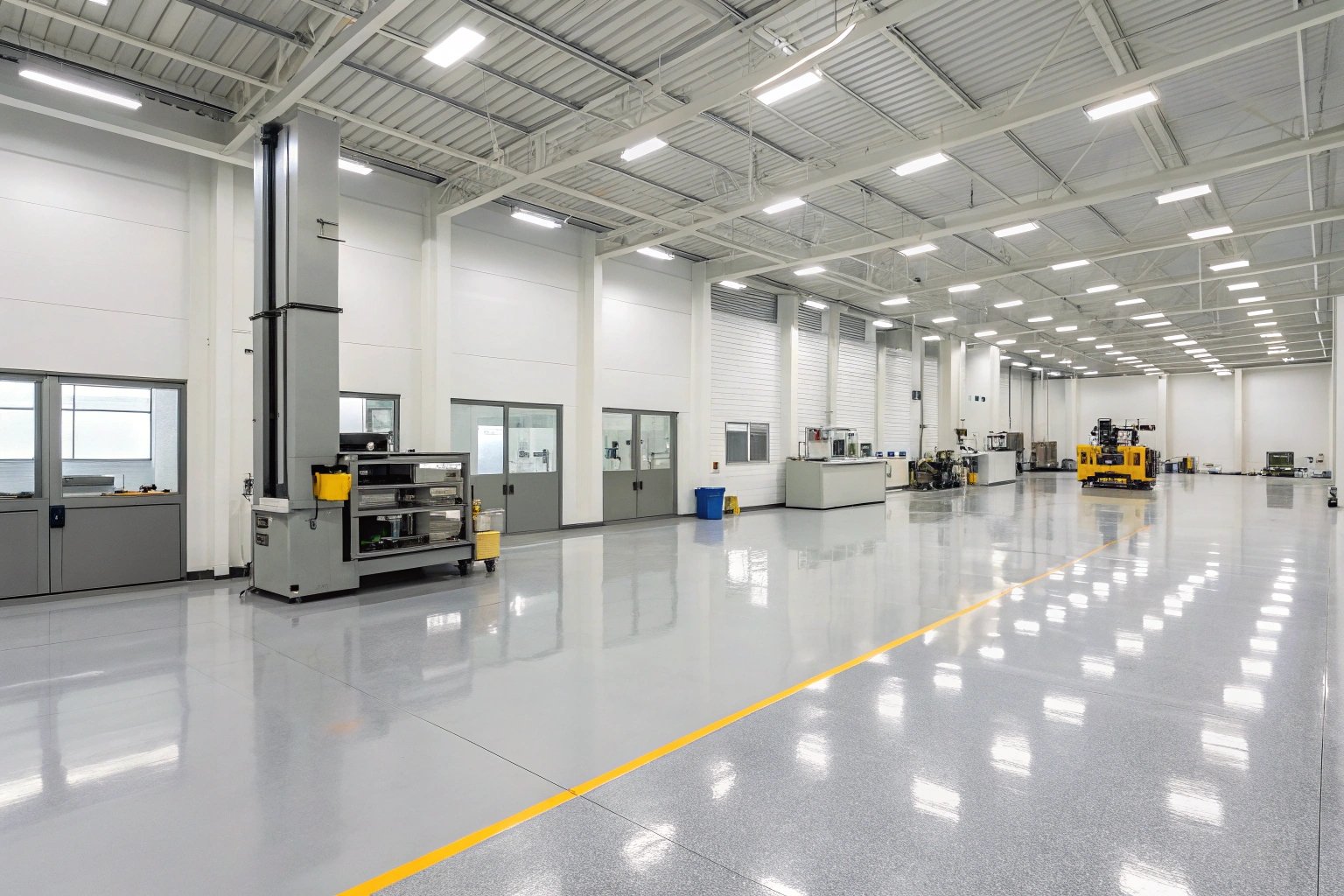 Spacious, clean industrial warehouse interior with machinery