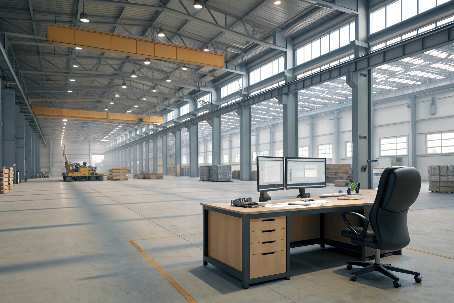 Spacious modern warehouse with empty floor and double screens
