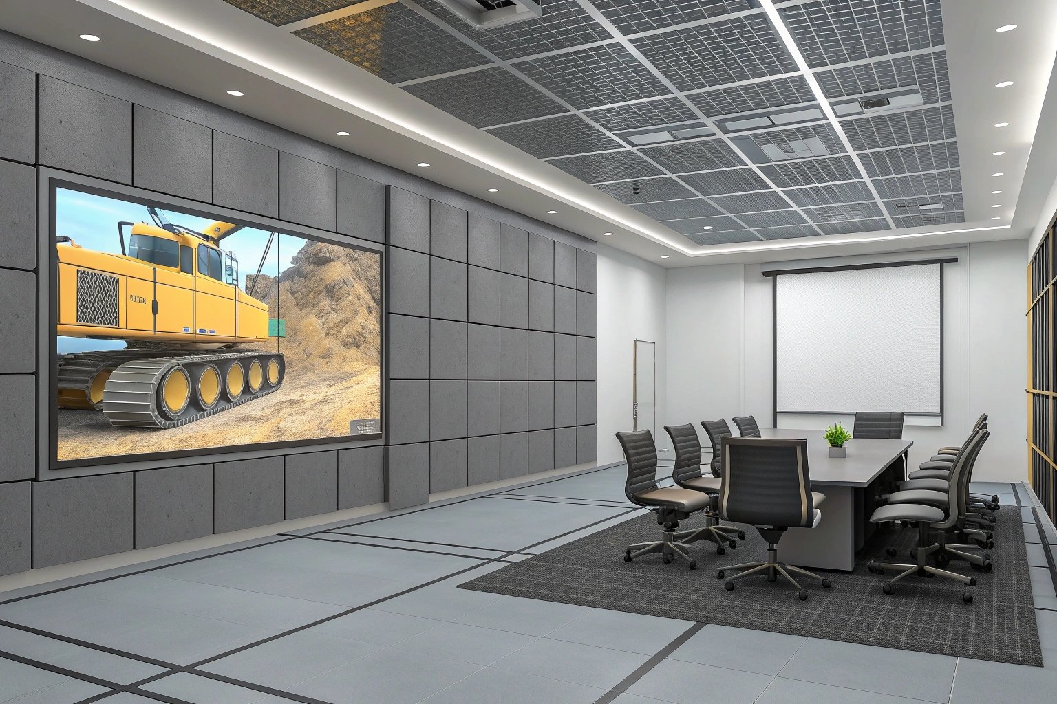 High-tech conference room with large screen displaying machinery