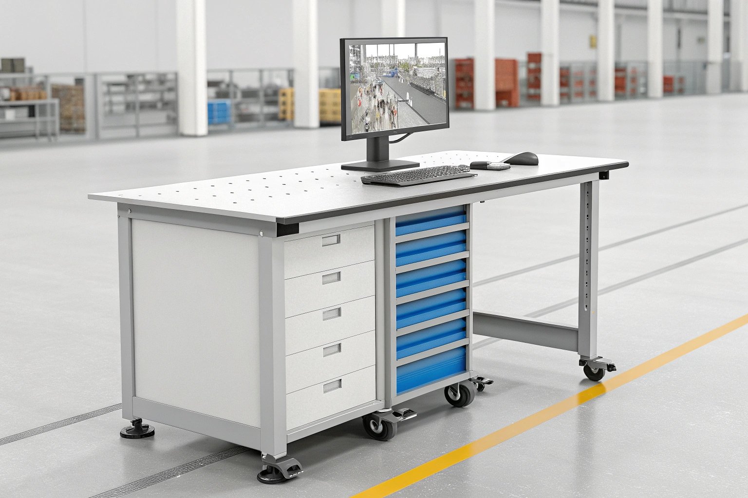 Modern desk setup with computer and drawers in warehouse