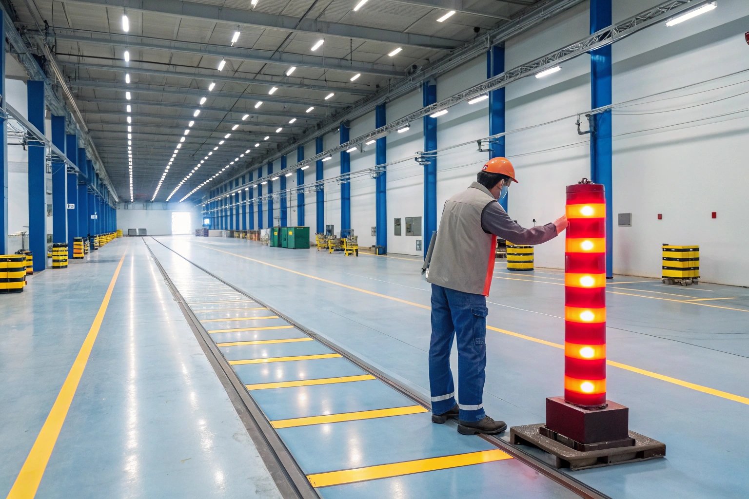 Worker activating safety signal light in spacious facility