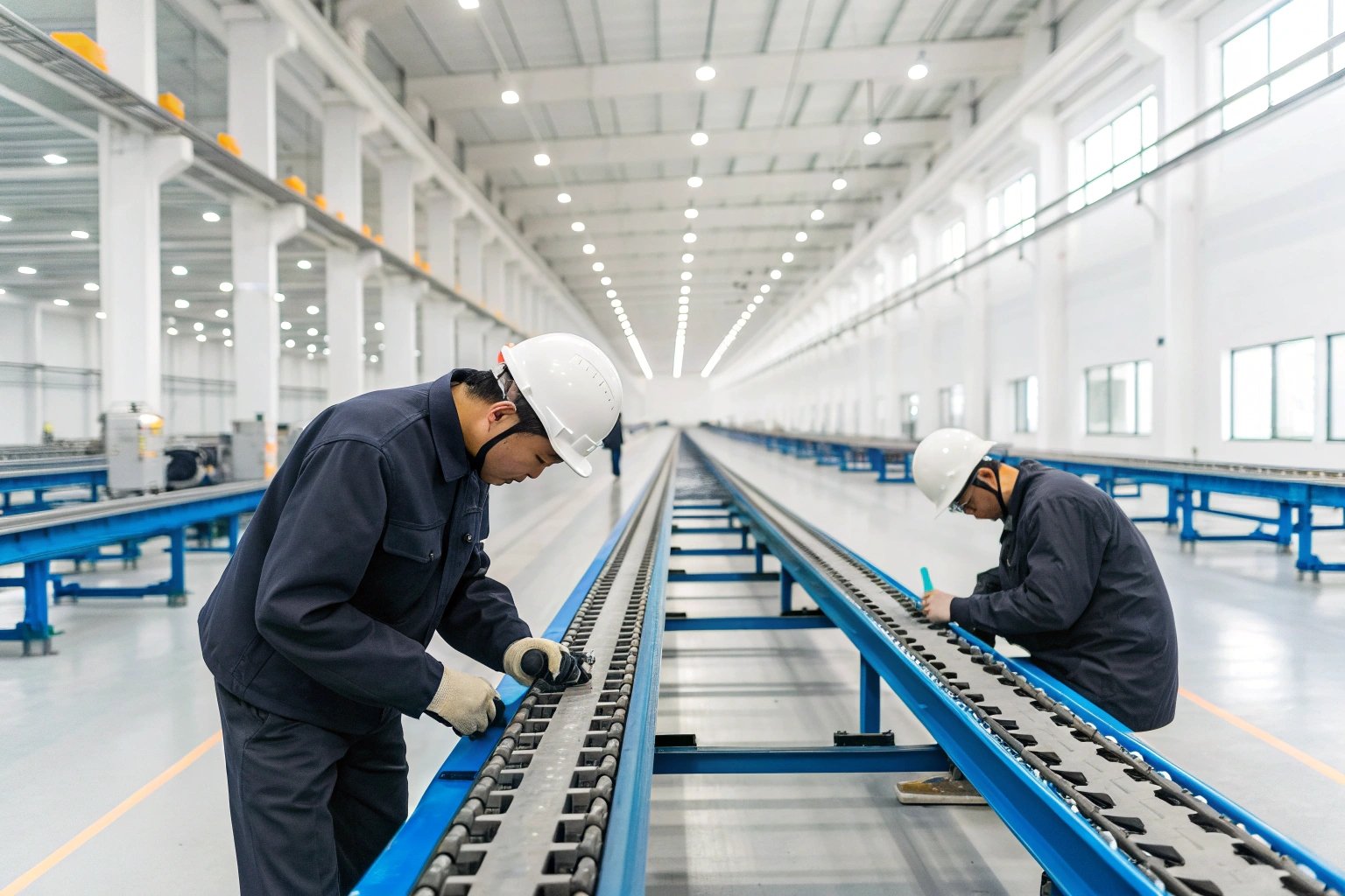 Workers conducting quality checks on manufacturing line in facility