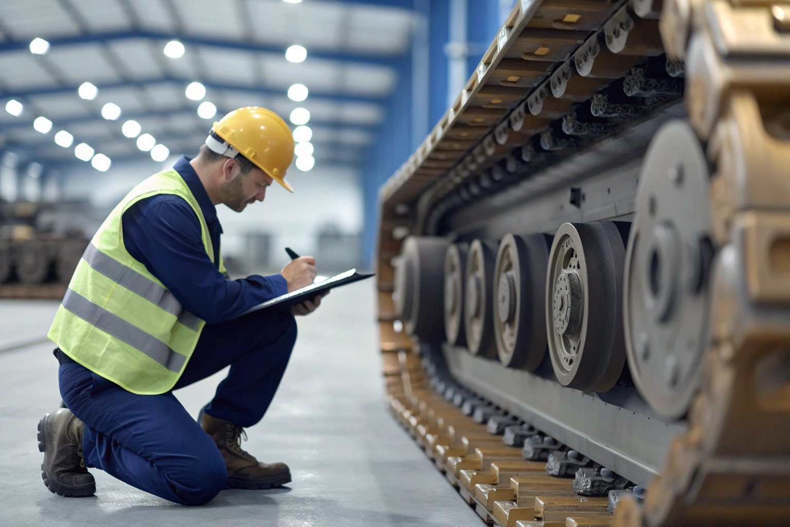 Engineer with clipboard inspecting a tracked autonomous mobile robot in a large warehouse.
