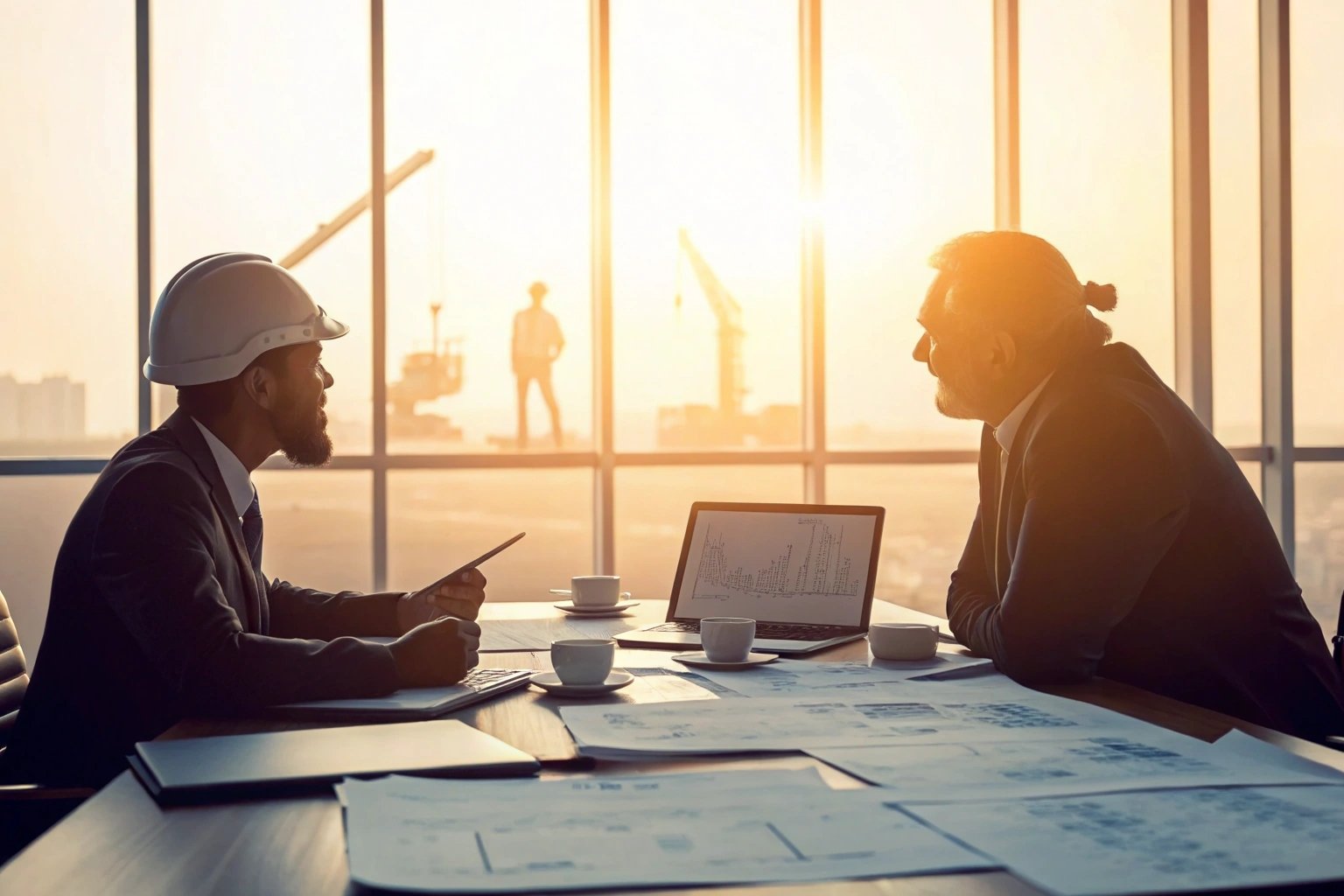 Professionals discussing construction plans with cranes in background