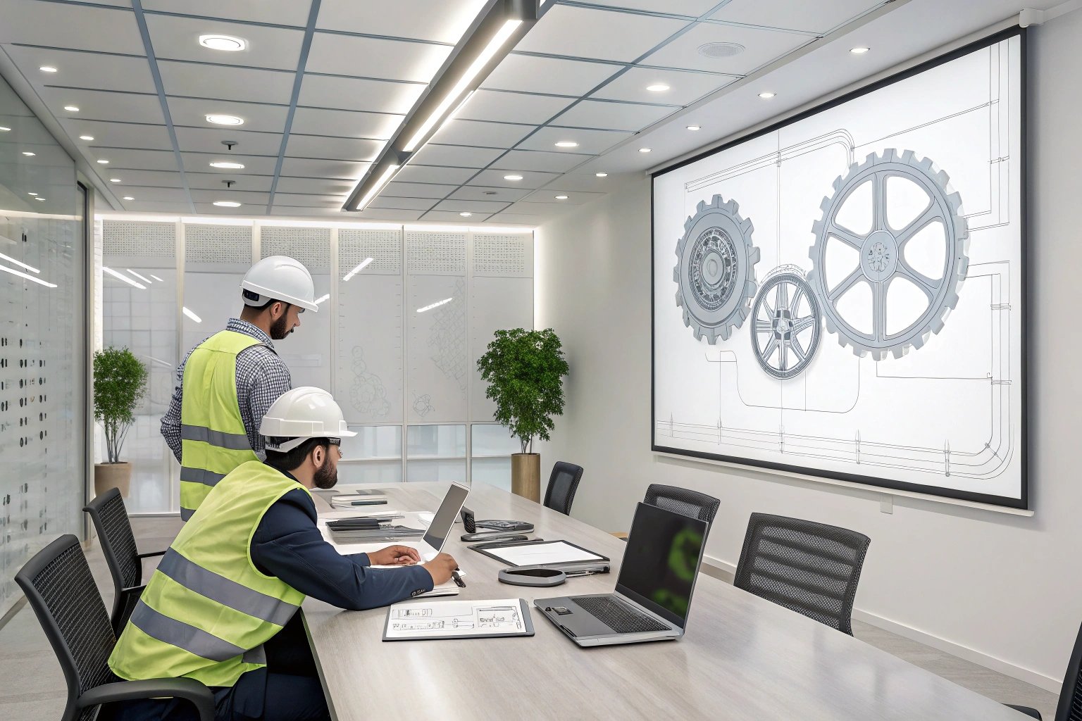 Team meeting analyzing mechanical designs on conference room screen