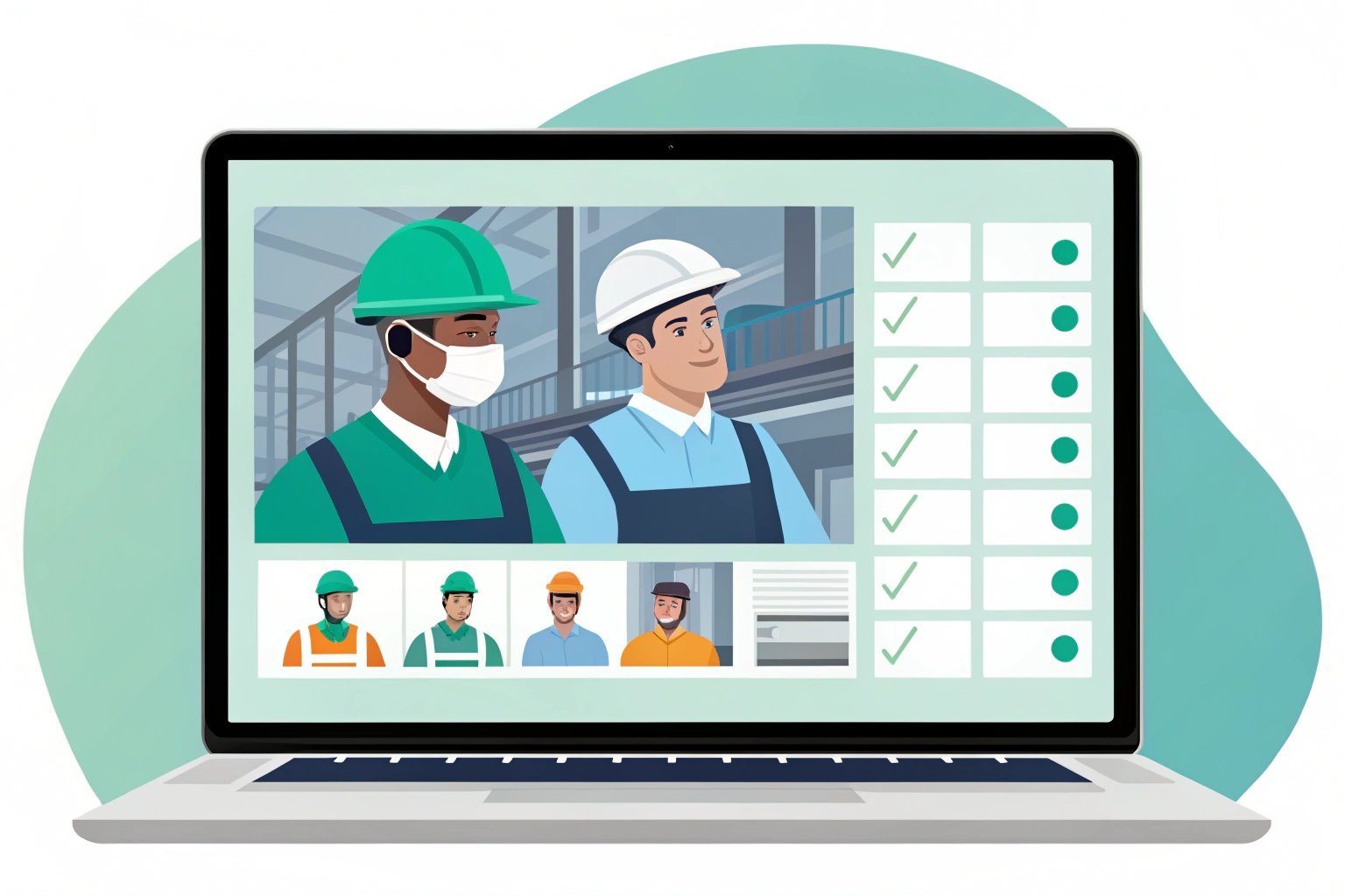 Illustration of virtual team meeting on laptop screen