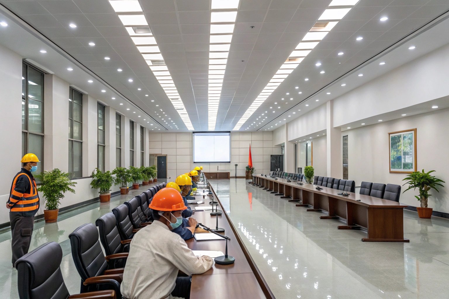 Workers attending conference in large meeting room