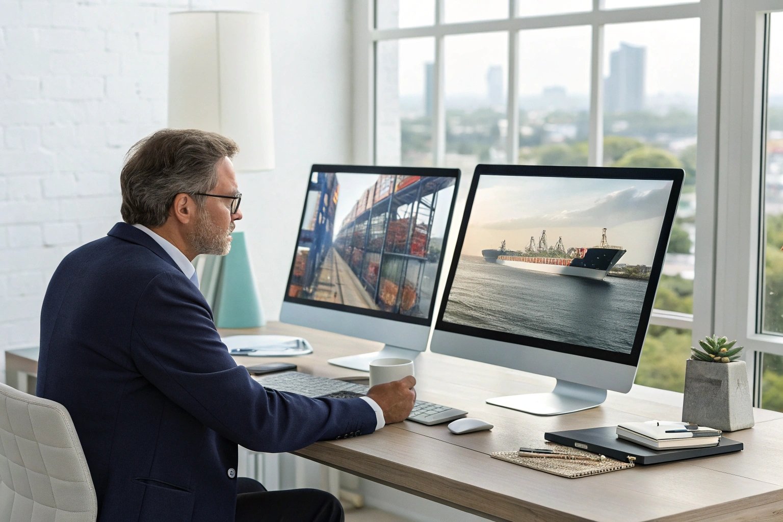 Executive monitoring global shipping operations using computer