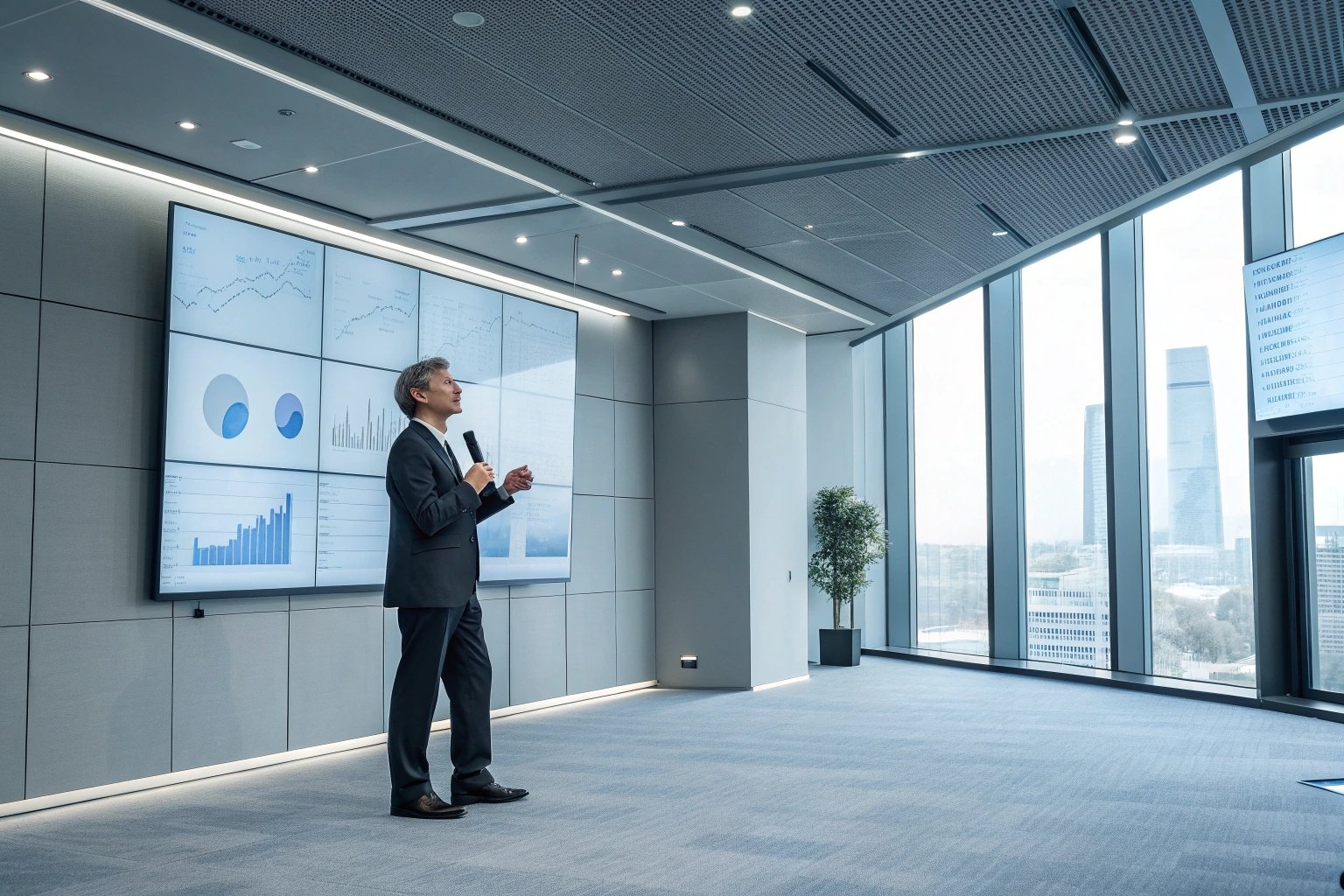 Speaker presenting charts on large digital screen