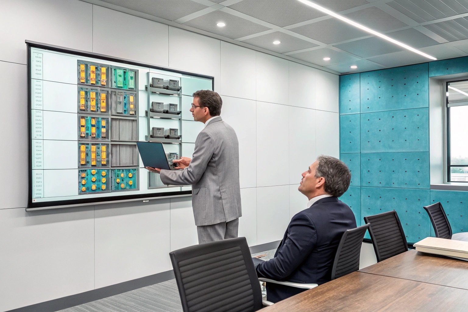 Professional presenting technical components in meeting