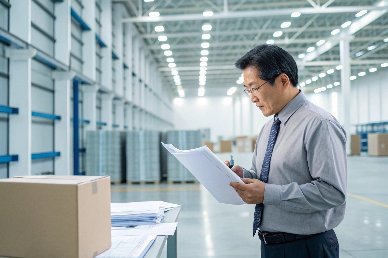 Warehouse manager conducting inventory check