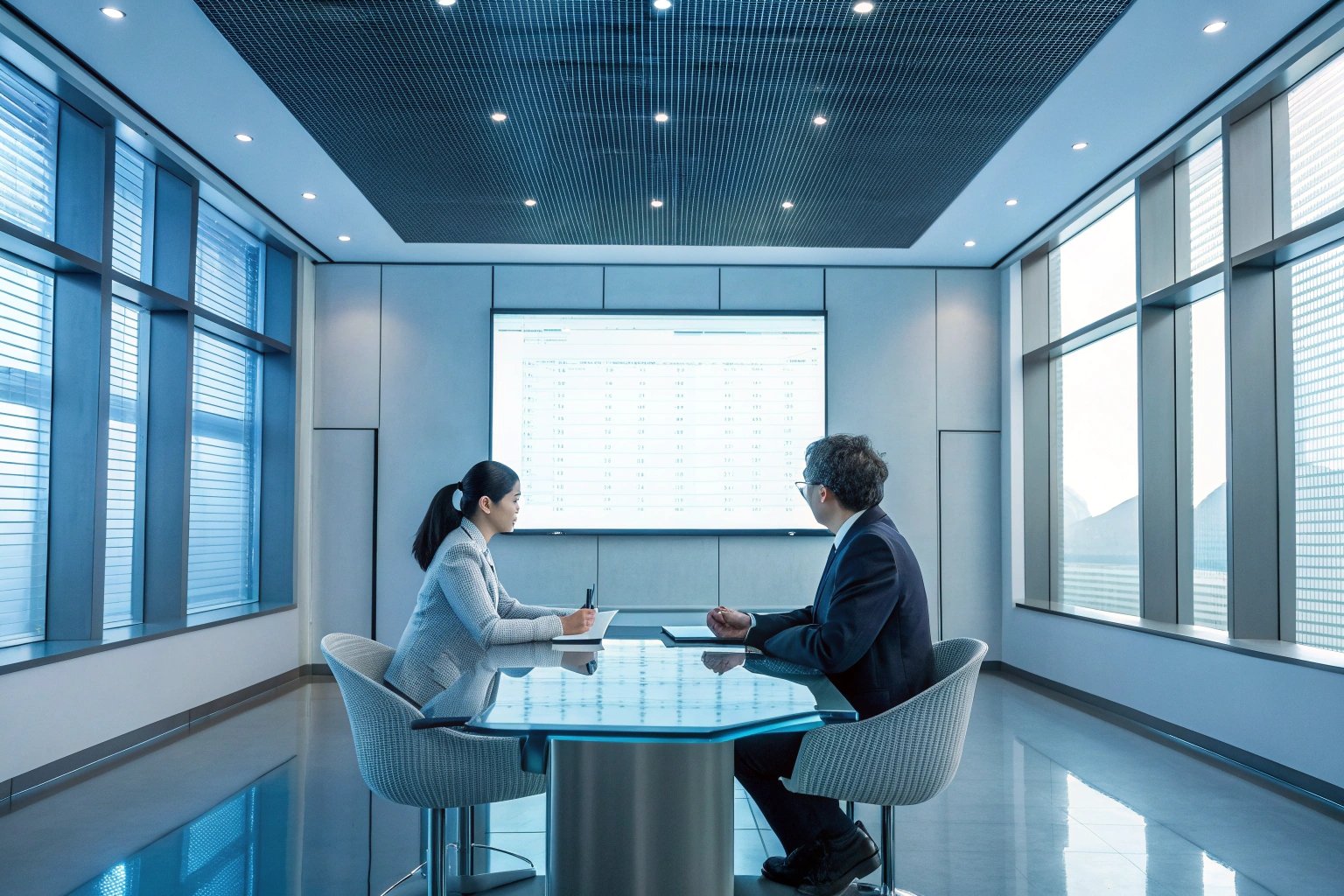 Boardroom presentation with two professionals