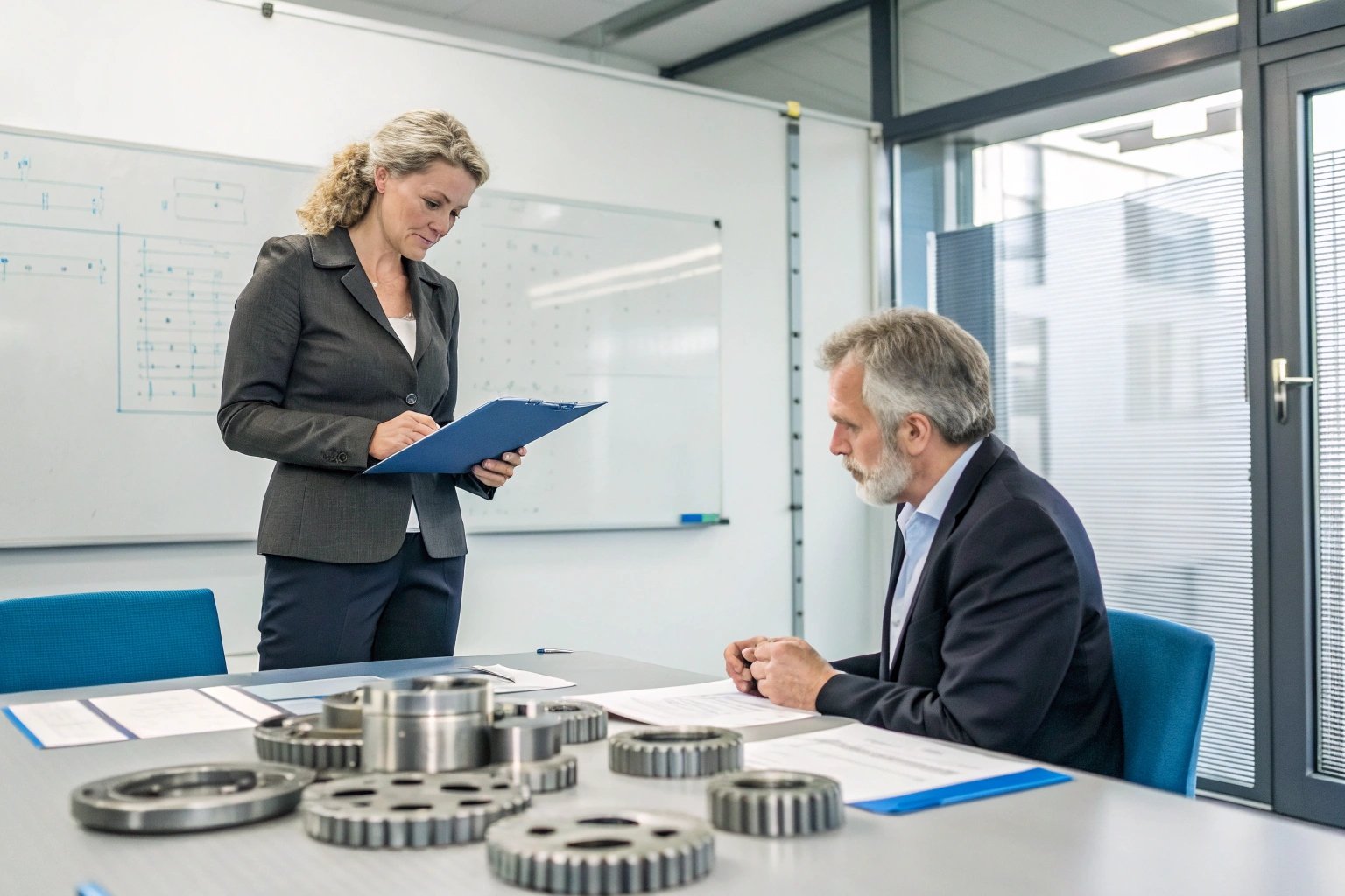 Business meeting with technical drawings and gears
