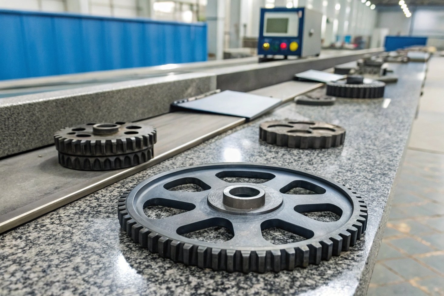 Close-up of gears on assembly line