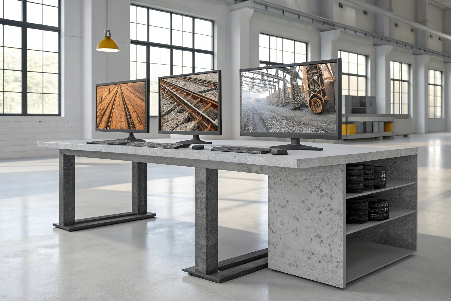 Modern industrial workspace with multiple screens displaying site work