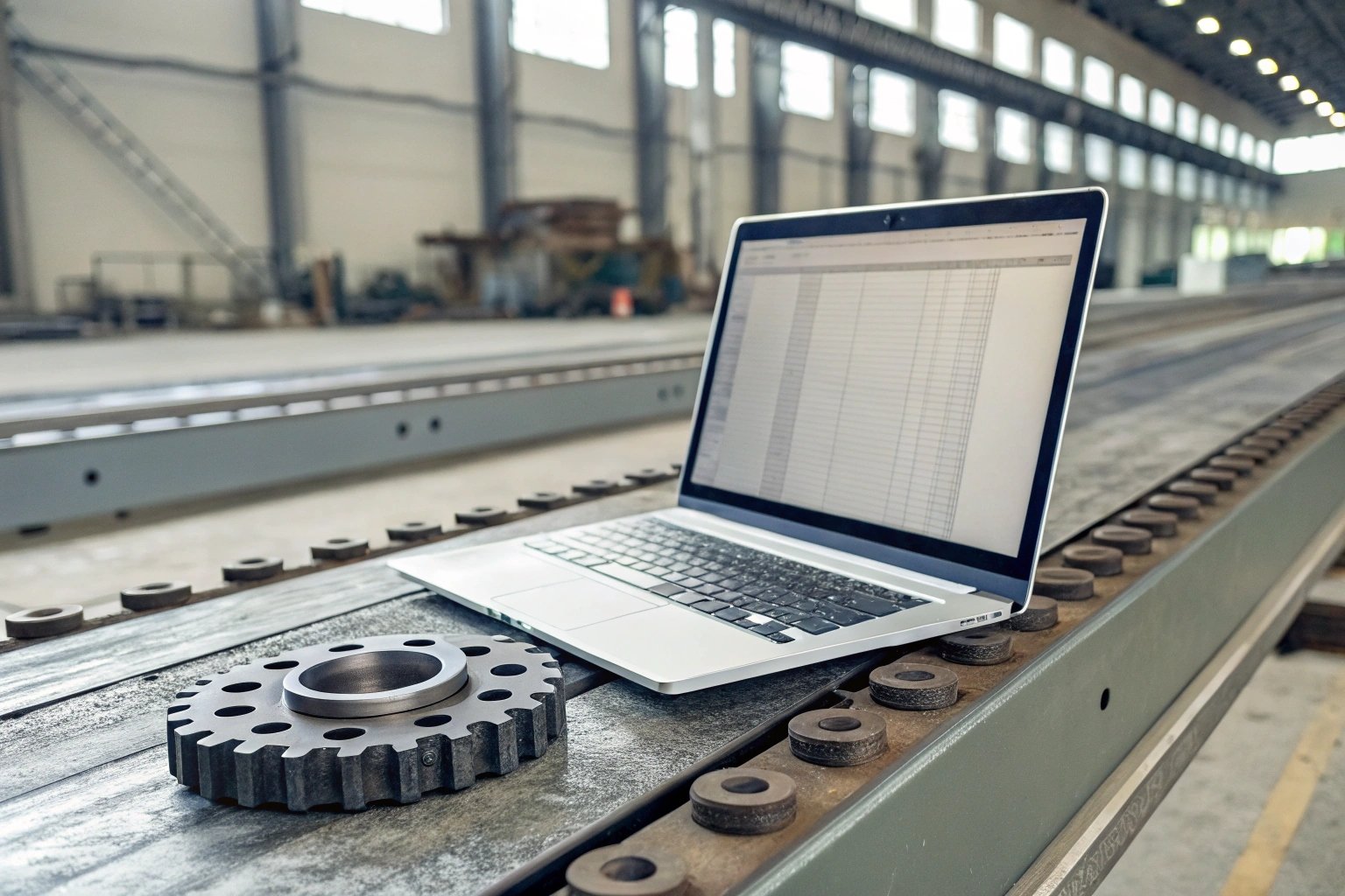 Laptop on factory conveyor with sprocket component beside