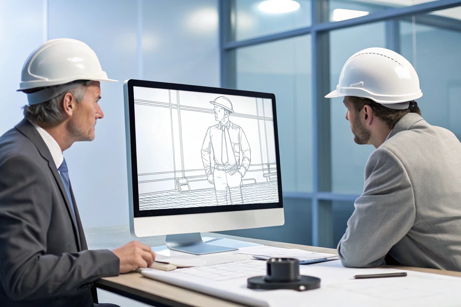 Two engineers in hard hats reviewing a 3D wireframe model on a computer monitor
