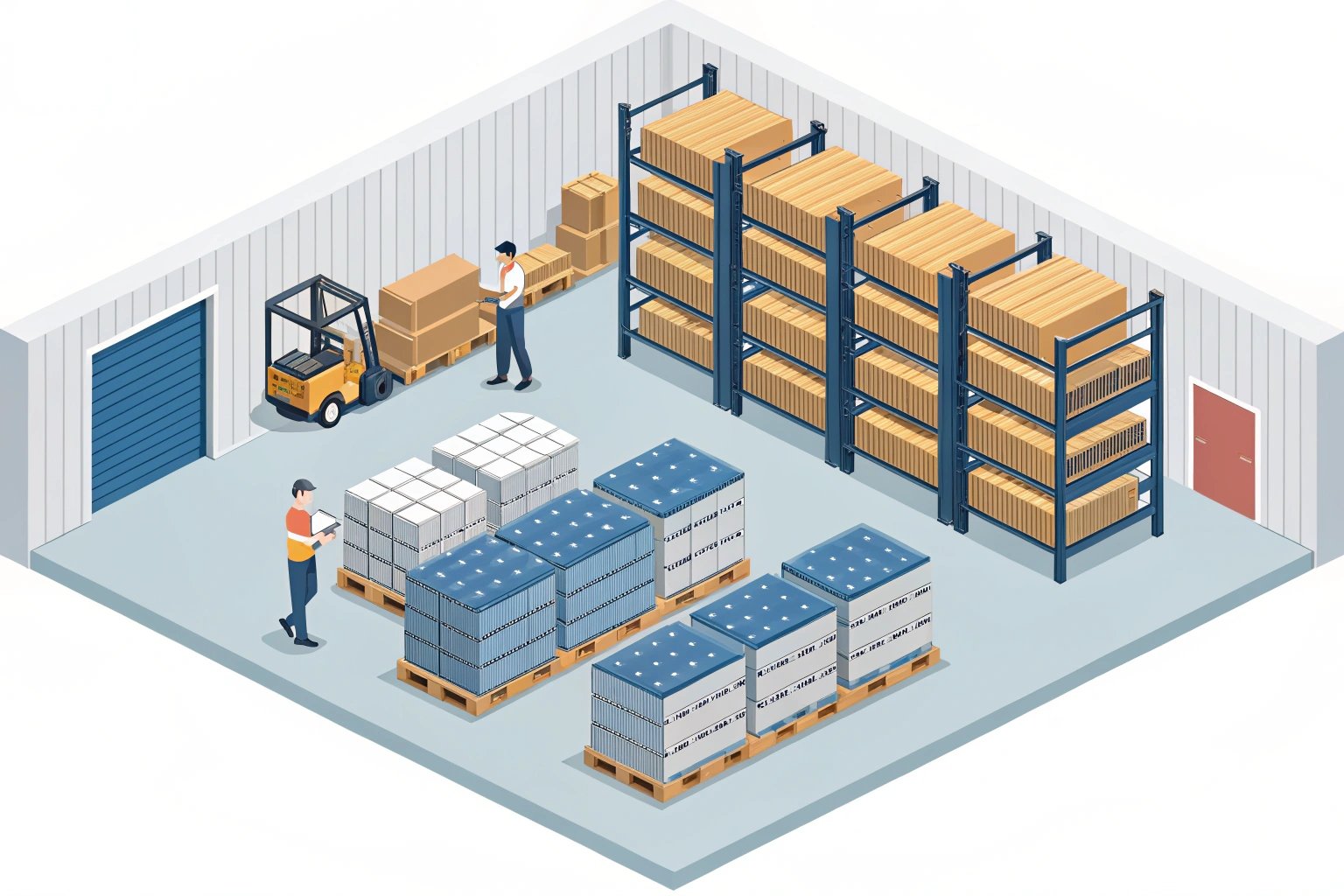 Illustration of organized warehouse storage with workers checking inventory