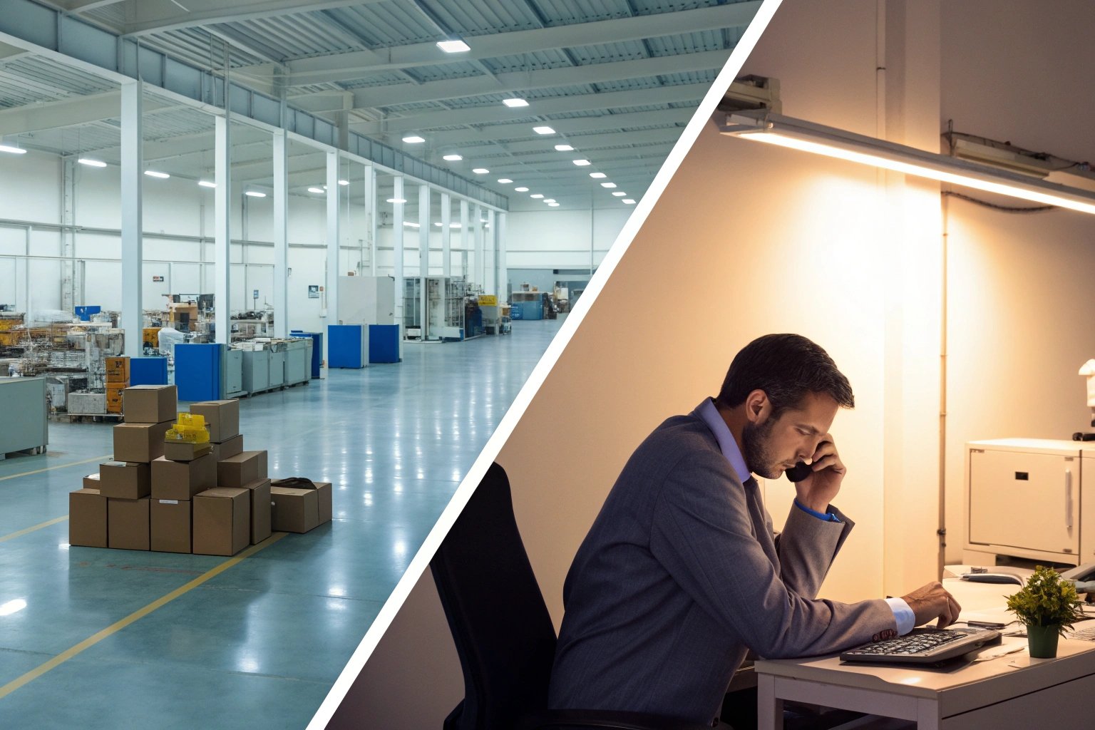 Split screen showing a factory warehouse and a businessman working in an office.