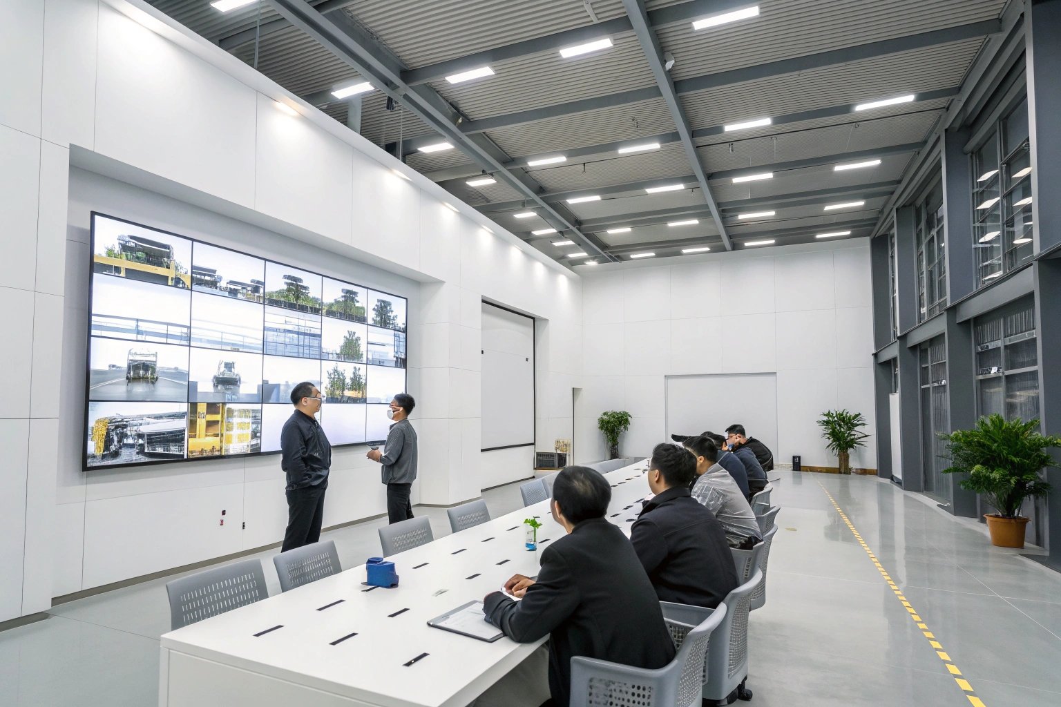 Manufacturing executives board meeting reviewing strategy in modern conference room.