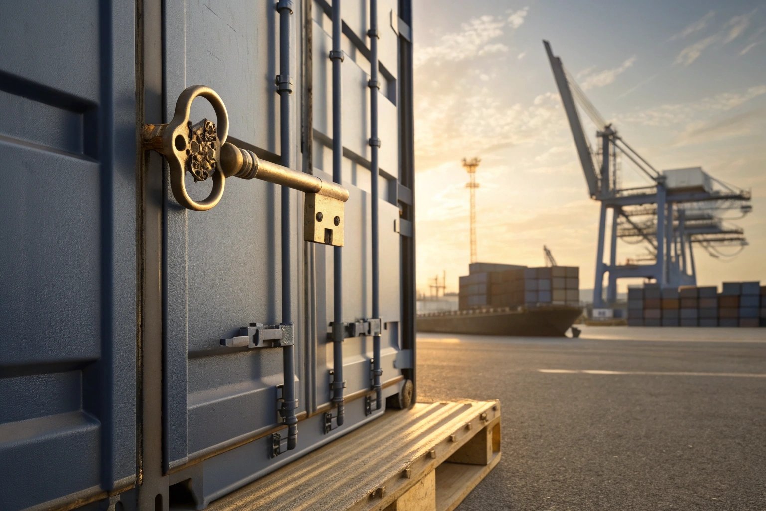 Shipping container key in lock with cranes in background.