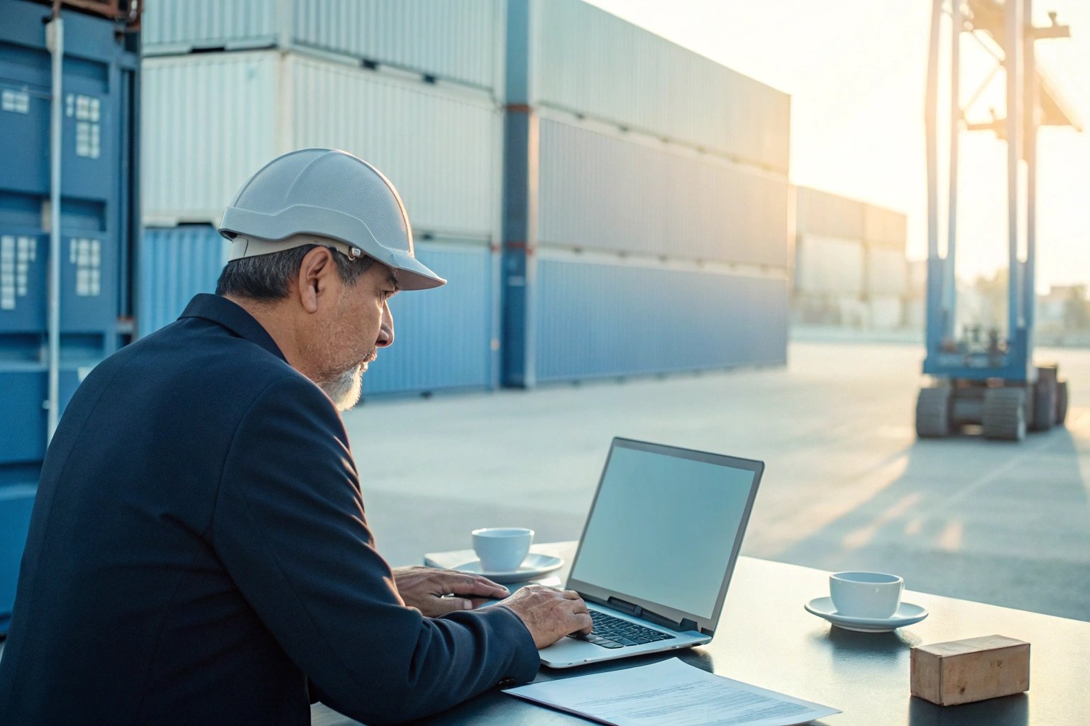 Project manager overseeing container yard operations on laptop