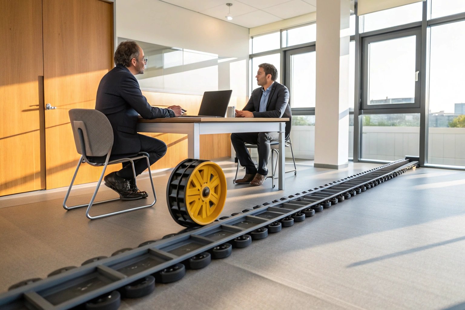 Two business professionals discussing over table with Caterpillar model in office meeting room.