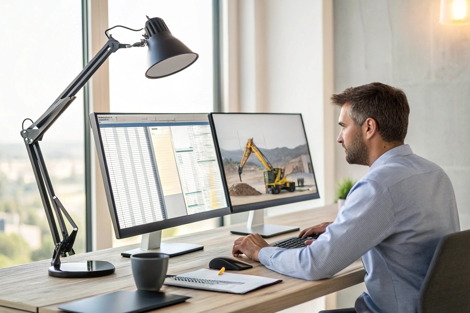 Project manager comparing data and machinery images on dual monitors