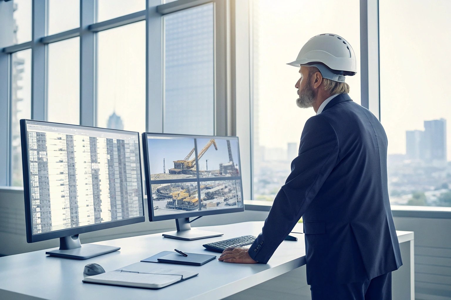Engineer monitoring construction site from office