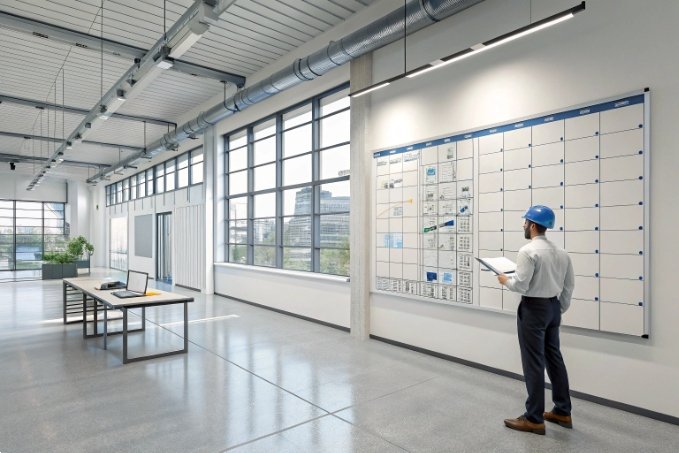 Engineer reviewing planning board in office