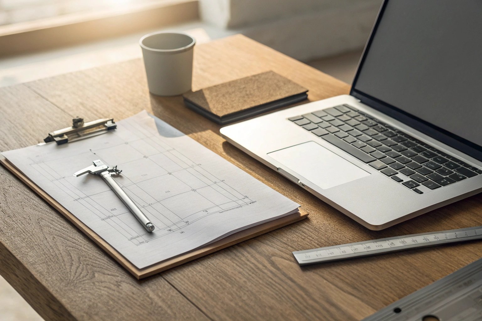 Laptop and calipers with architectural plans on wooden desk.