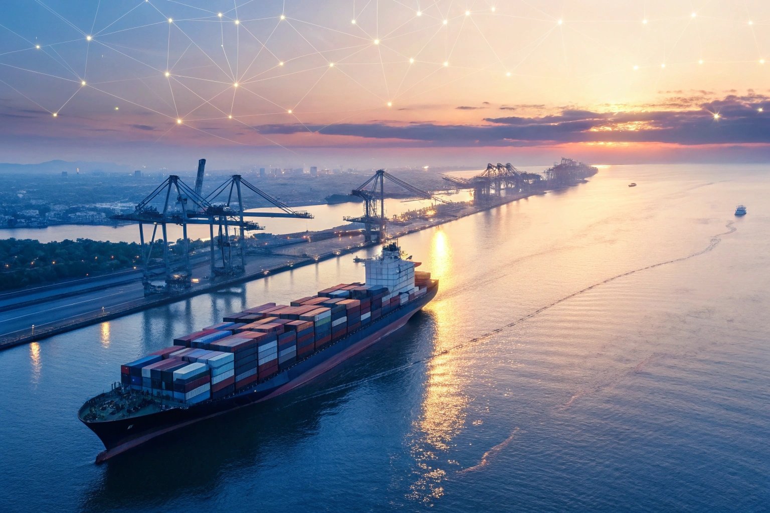 Container ship sailing from port at dusk.