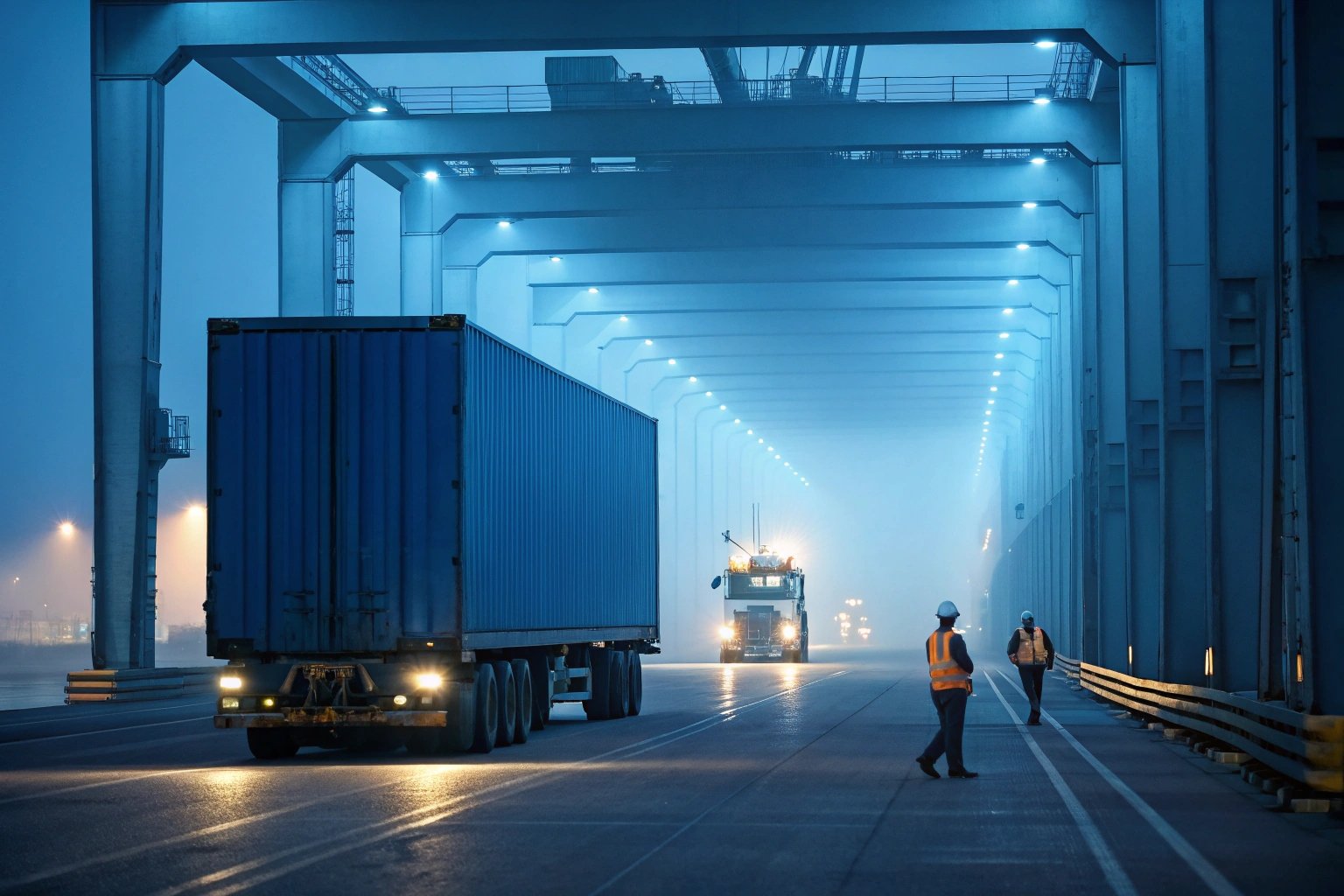 Truck moving through illuminated shipping terminal in foggy night.