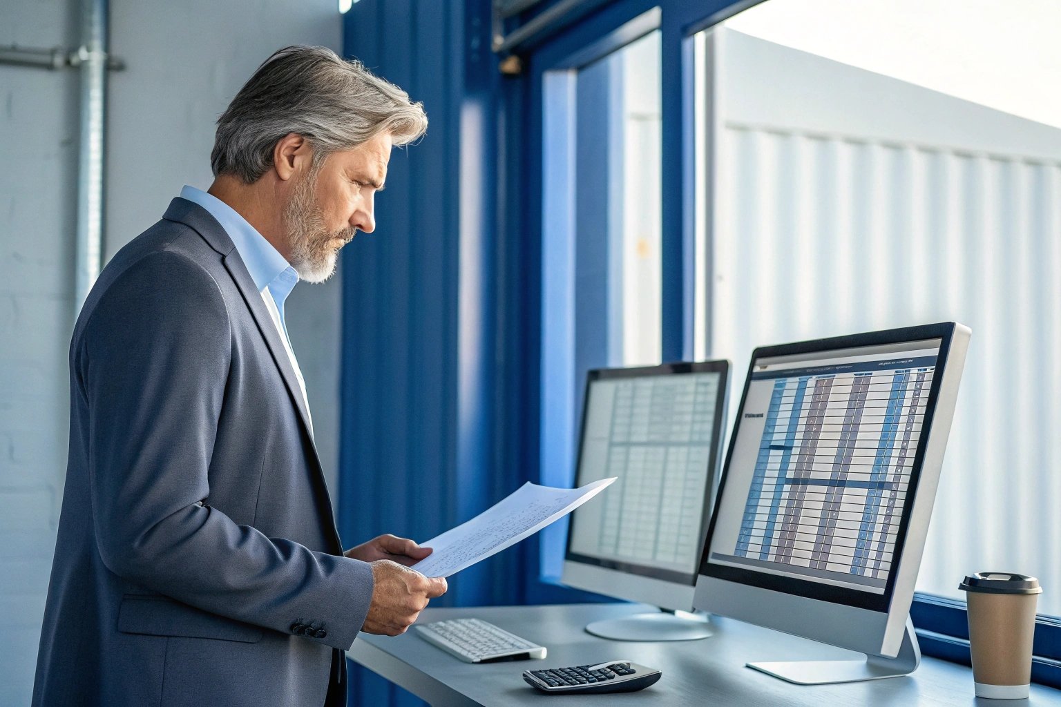 Businessman analyzing data on dual screens.