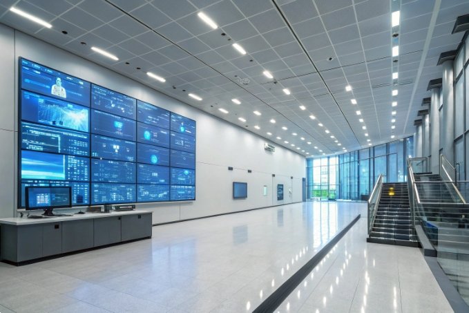 Modern lobby with digital screens