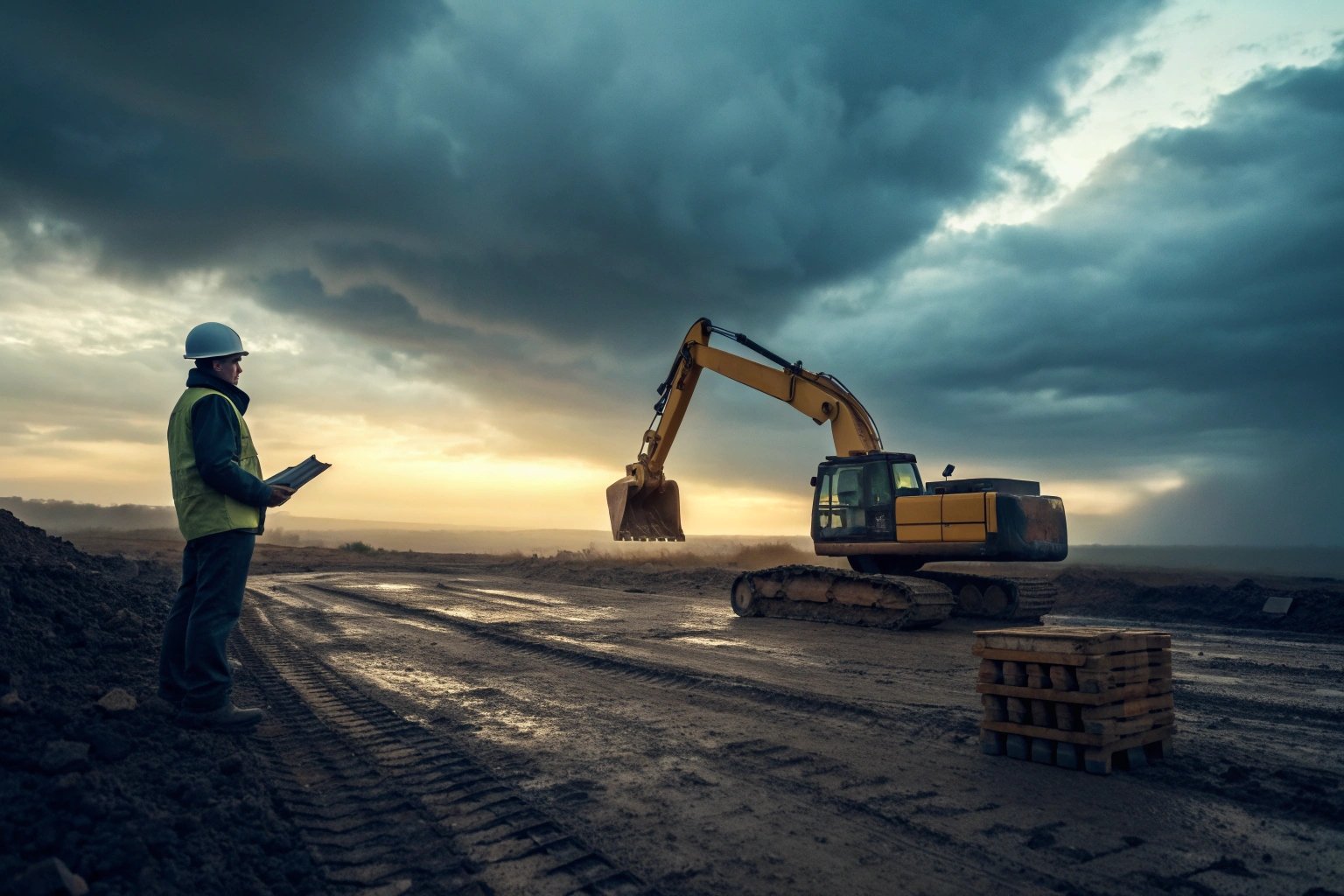 Site supervisor inspecting excavator at muddy roadway during sunset