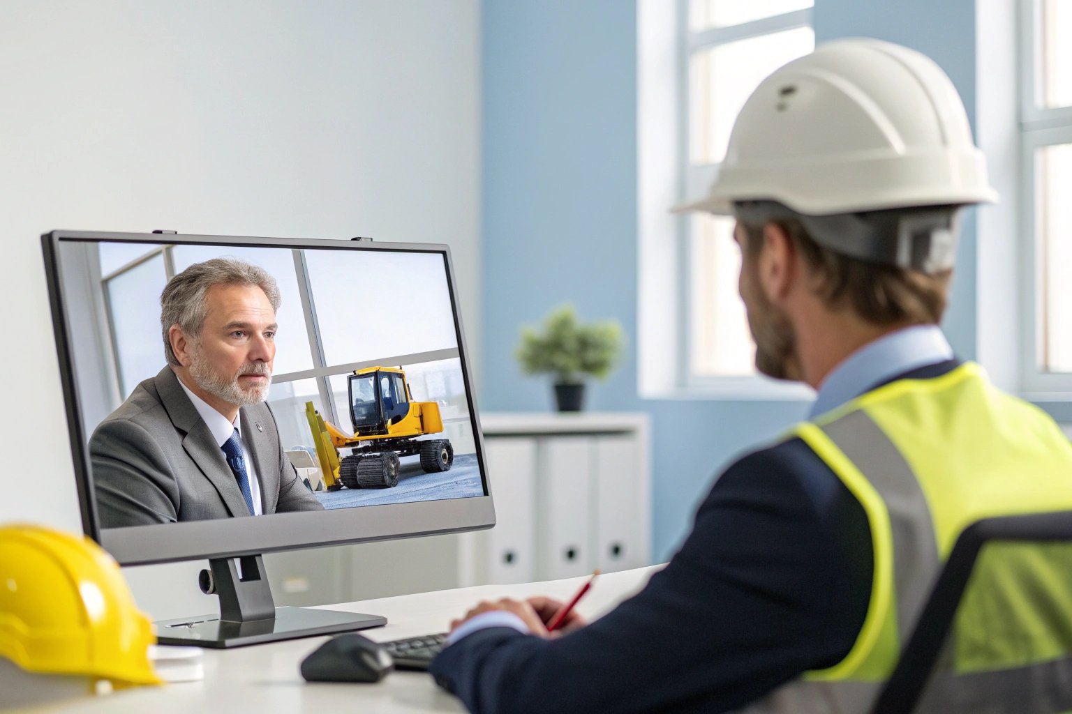Engineer observes video call with excavator on office screen