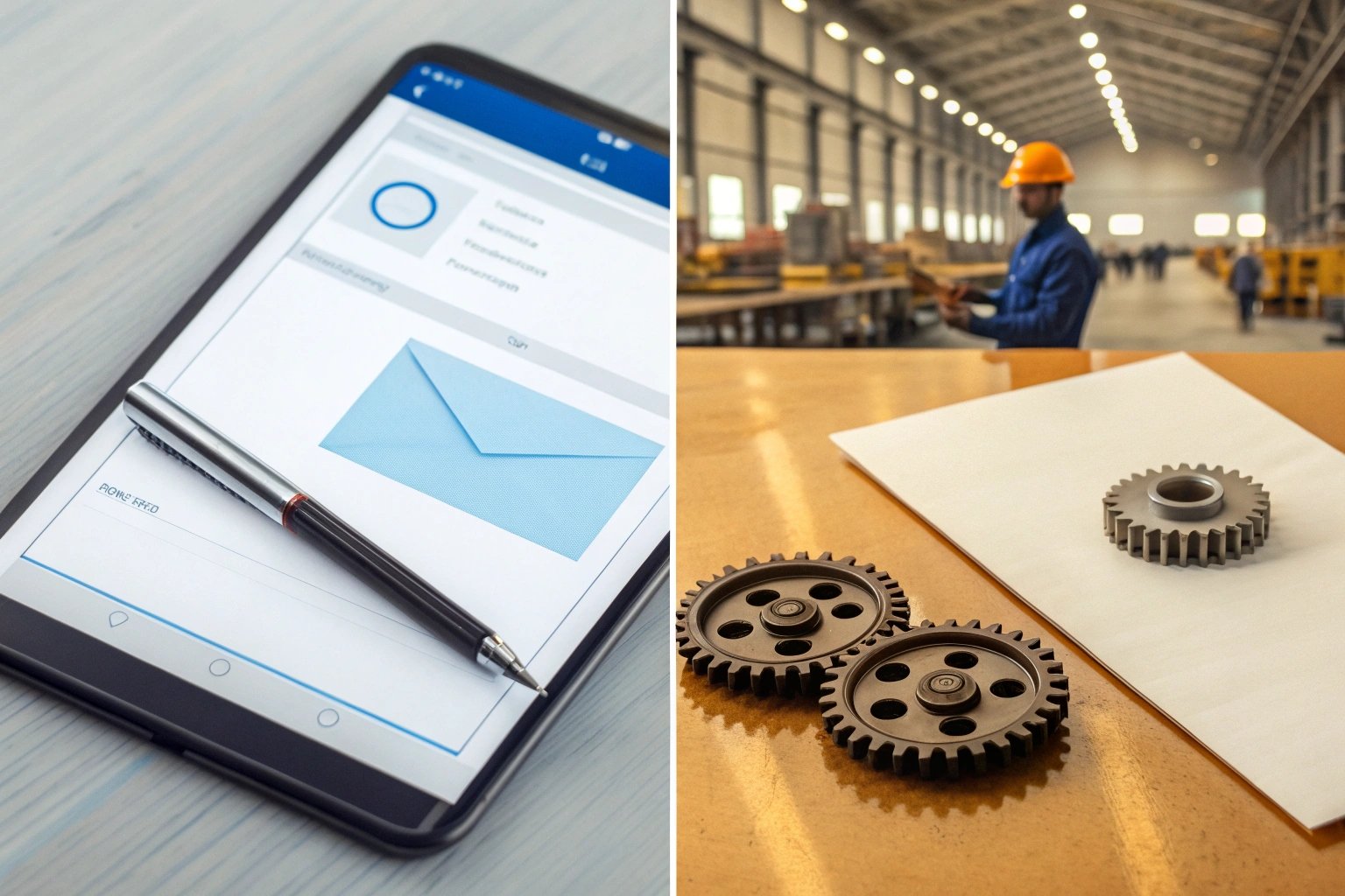 Tablet showing email, factory worker with gears